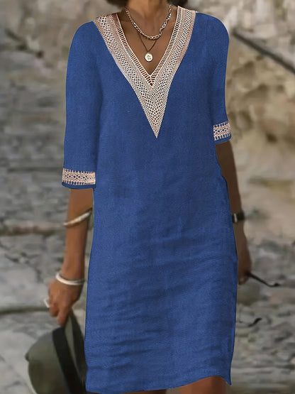 Guipure Lace V-Neck Dress, Casual Short Sleeve for Spring & Summer.