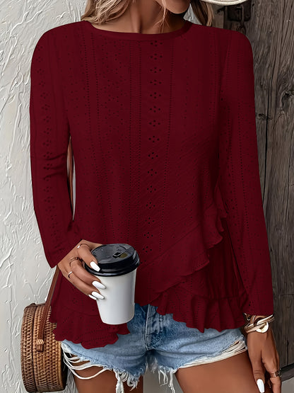 Camiseta feminina de manga comprida com babados e gola redonda, elegante e estilosa, primavera e outono, confortável e respirável, tecido jacquard de cor sólida