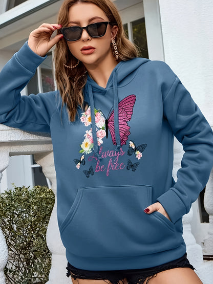 Moletom com capuz com estampa de borboleta e floral, moletom casual de manga comprida com bolso canguru, roupas femininas