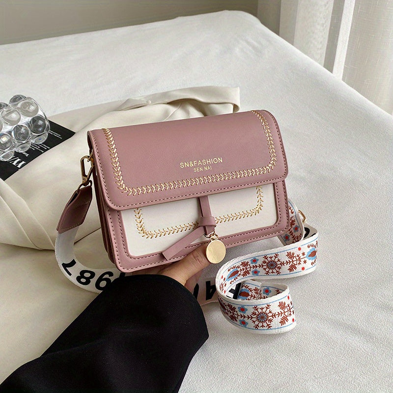 Bolsa de ombro com aba da moda, bolsa feminina com fivela decorativa e alça larga