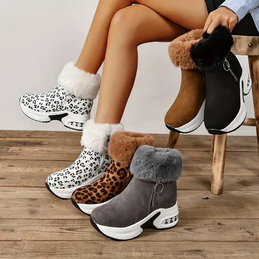 Plateau-Stiefeletten für Damen – glatter Reißverschluss, klobiger Stil, Plüschfutter