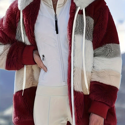 Color Block Fuzzy Hooded Coat, Casual Winter Outerwear.