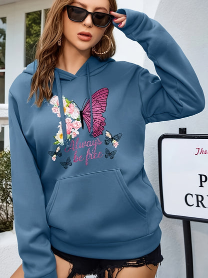 Moletom com capuz com estampa de borboleta e floral, moletom casual de manga comprida com bolso canguru, roupas femininas