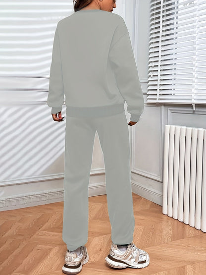 Solid Casual Two-piece Set, Crew Neck Top & Drawstring Jogger Pants