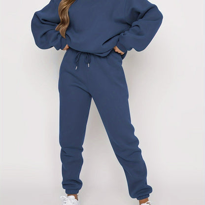 Solid Casual Two-piece Set, Crew Neck Top & Drawstring Jogger Pants
