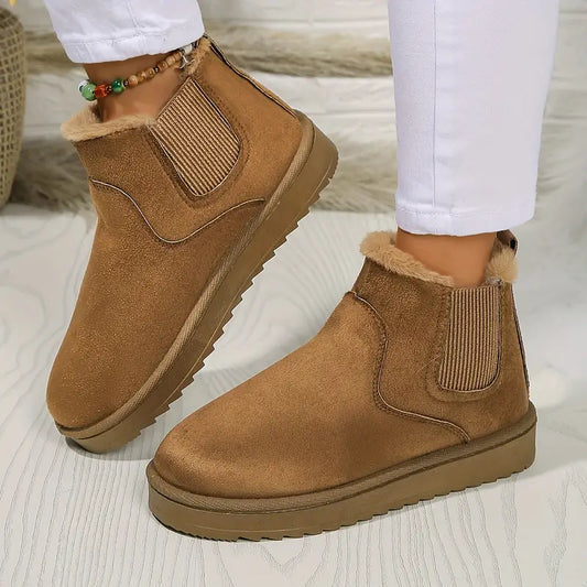 Kurze Stiefel für Damen in Volltonfarbe – Lässiger Slipper, Plüschfutter, bequeme Winterstiefel