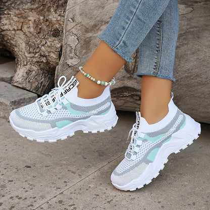 Women's Colorblock Knit Sneakers, Breathable Low Top Running Shoes (Plus Size)
