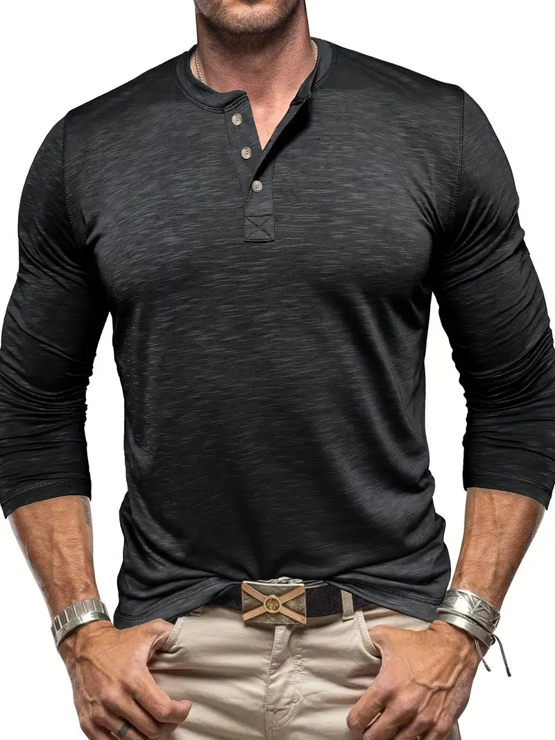 Camiseta masculina de manga comprida com gola Henry e três fivelas