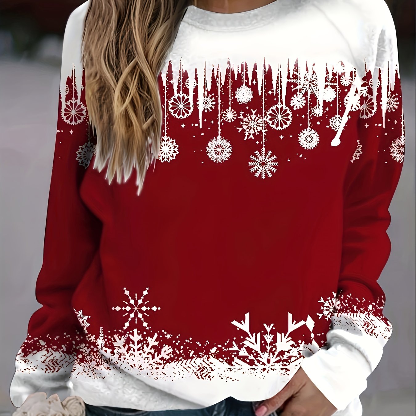 Snowflakes Print Pullover Sweatshirt, Casual Crew Neck for Fall & Winter