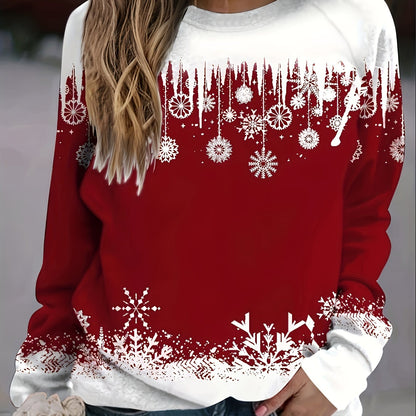 Snowflakes Print Pullover Sweatshirt, Casual Crew Neck for Fall & Winter