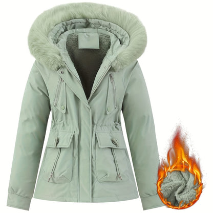 Zip-up Fuzzy Trim Hoodie Parka, Casual Drawstring Waist Winter Coat