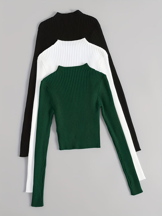 Solid Mock Neck Rib Knit Top 3-Pack - Casual Long Sleeve Slim Sweater