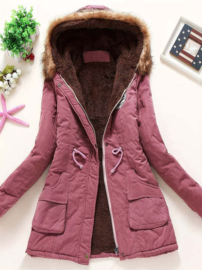 Winter Hooded Fleece Jacket, Zip-Up with Fur Collar