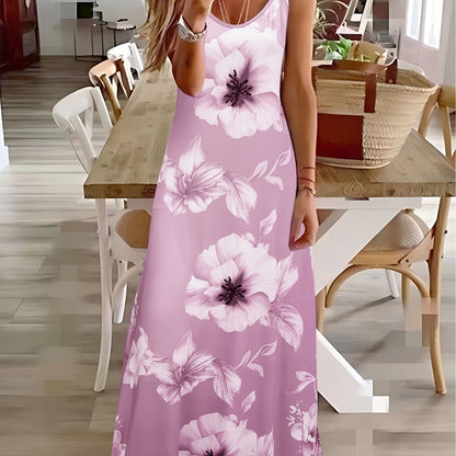 Vestido cami floral com alças finas, casual, comprimento até o tornozelo.