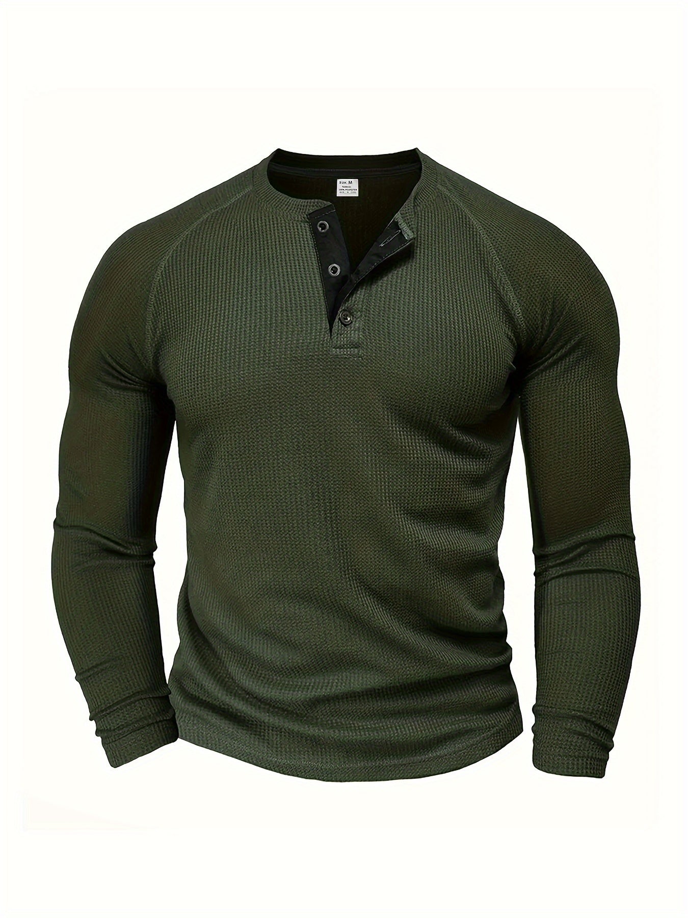 Camisa Henley Masculina Sólida, Manga Longa, Gola Redonda, Meio Botão