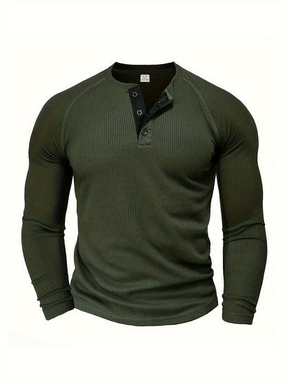 Camisa Henley Masculina Sólida, Manga Longa, Gola Redonda, Meio Botão