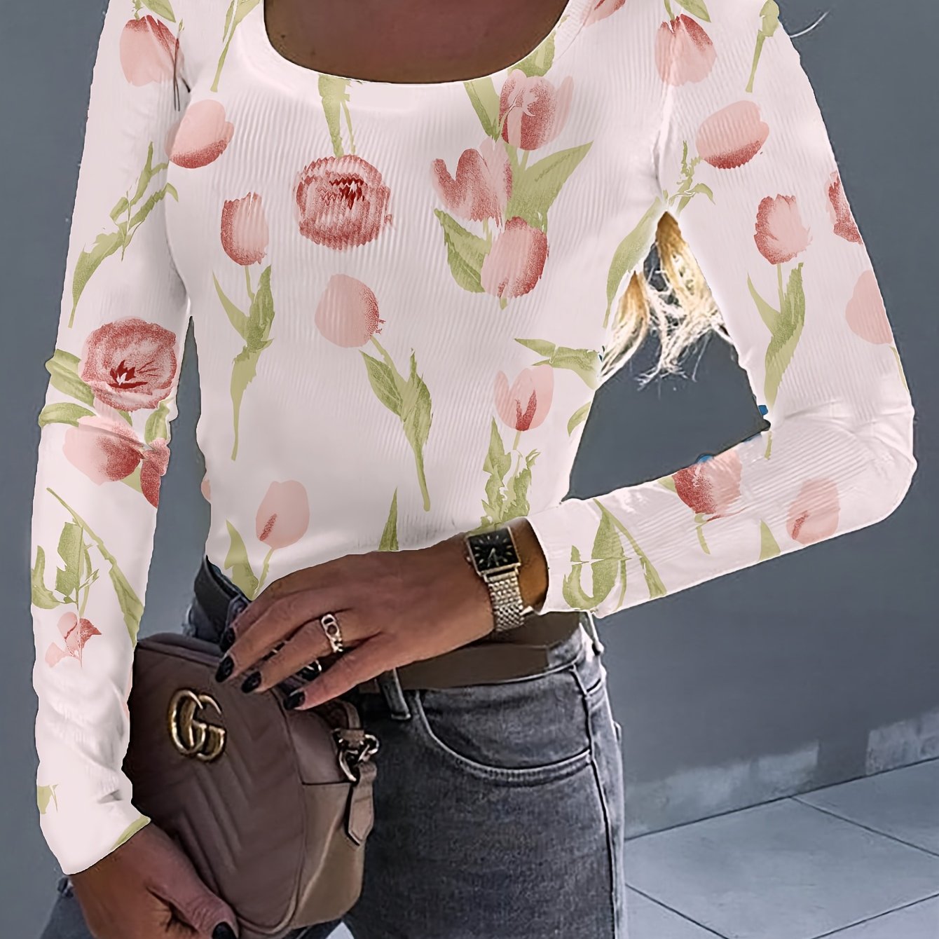 Camiseta casual de poliéster com estampa floral e gola redonda, 200g/㎡, comprimento regular, tecido de malha, para mulheres, primavera/verão
