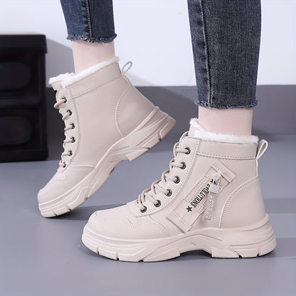 Botas de neve quentes de inverno femininas com zíper lateral - Sola grossa confortável, tênis de cano alto em cor sólida, botas de neve, sapatos para atividades ao ar livre