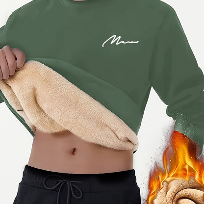 Men's Winter Fleece-Lined Sherpa Sweatshirt, Crew Neck, Casual Knit