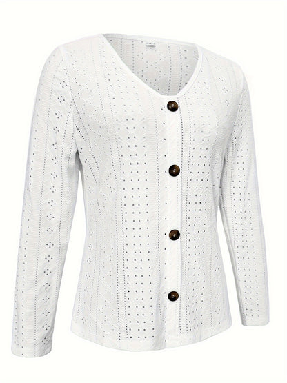 Eyelet Button Front T-Shirt, Casual V-Neck, Long Sleeve for Spring & Fall.