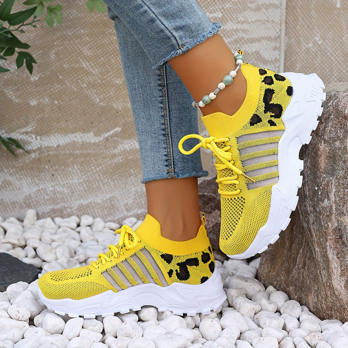Women's Leopard Print Lace-up Running Shoes, Breathable Platform (Plus Size)