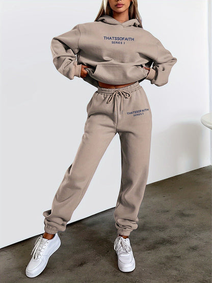 Letter Print Casual Two-piece Set, Hooded Top & Jogger Pants