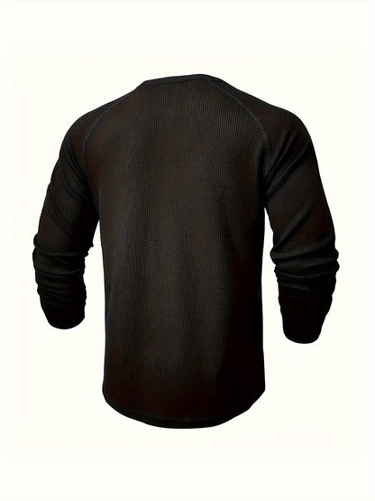 Camisa Henley Masculina Sólida, Manga Longa, Gola Redonda, Meio Botão