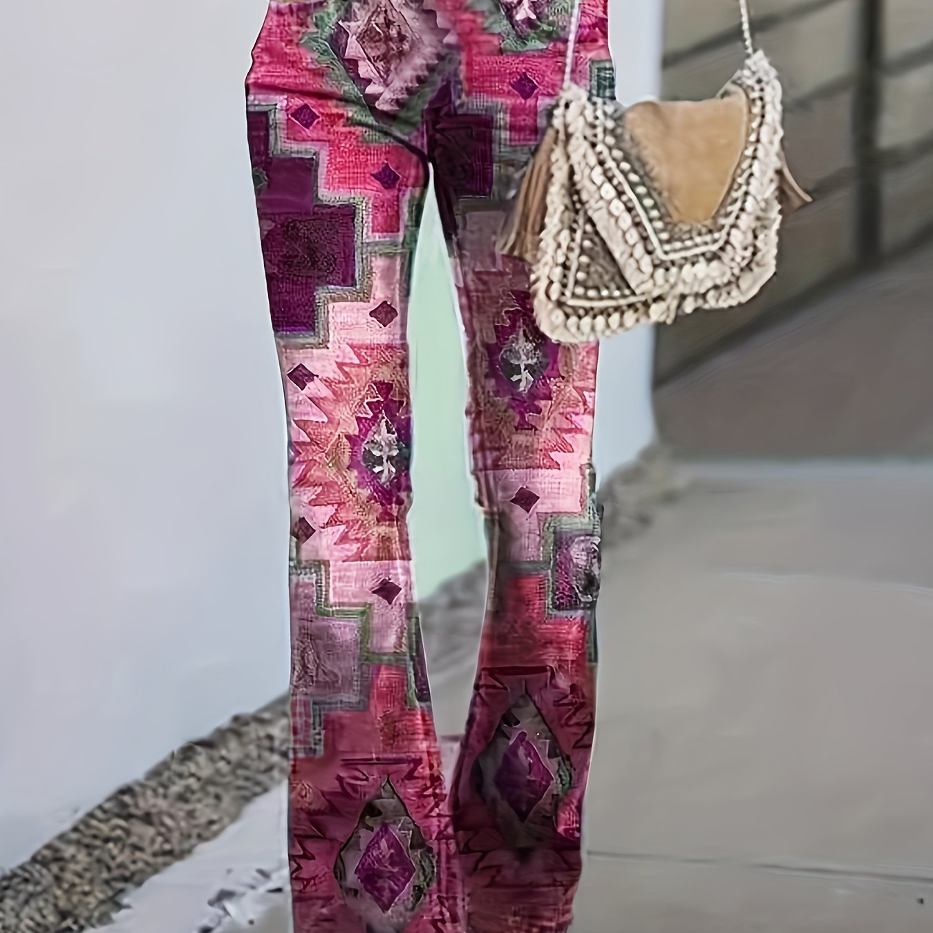 Calças modeladoras geométricas xadrez] Calças modeladoras digitais geométricas xadrez patchwork estampadas - Estilo europeu e americano - Micro calças boca de sino para mulheres