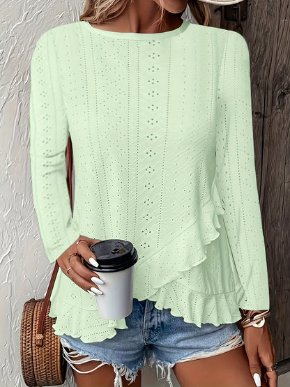 Camiseta feminina de manga comprida com babados e gola redonda, elegante e estilosa, primavera e outono, confortável e respirável, tecido jacquard de cor sólida