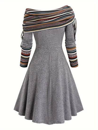 Ethnic Striped Off-Shoulder Dress with Drawstring.