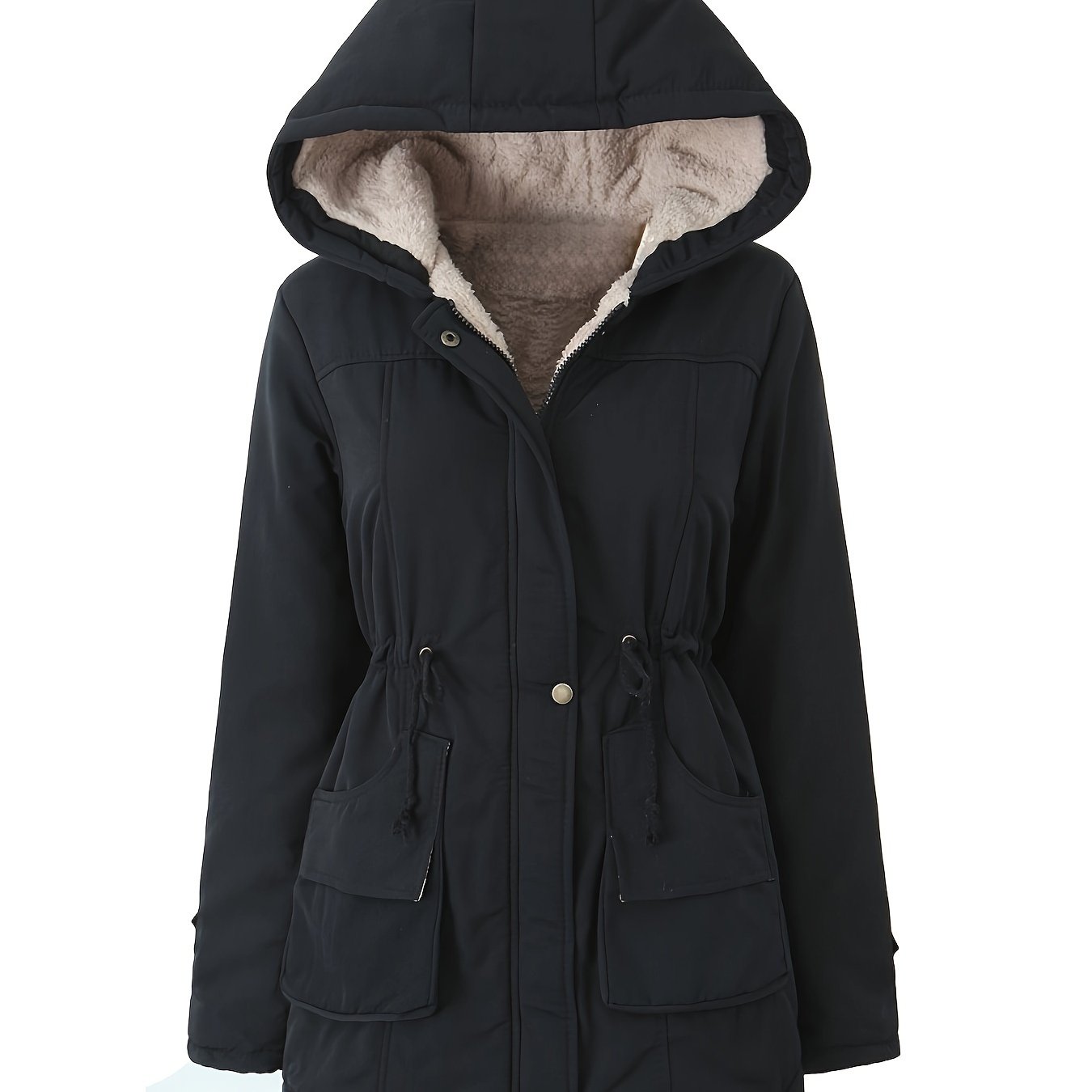 Women's Hooded Midi Coat, Padded, Drawstring Detail