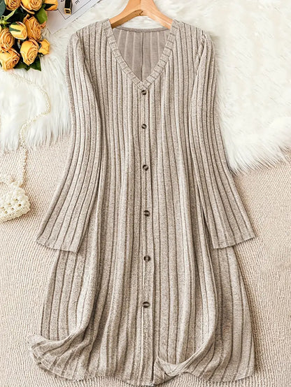 Plus Size V-Neck Ribbed Dress – Long Sleeve, Button Front, Casual Fall & Winter Wear