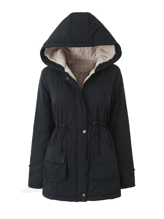Women's Hooded Midi Coat, Padded, Drawstring Detail