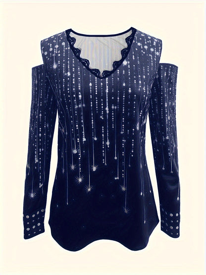 Camiseta com decote em V e acabamento em renda, blusa elegante com ombros descobertos para primavera e outono.