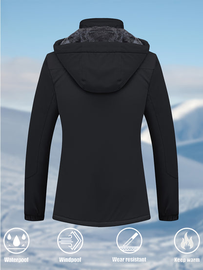 Women's Waterproof & Windproof Ski Jacket - Fleece Lined Thermal Winter Coat with Detachable Hood, Adjustable Cuff, and Zippered Pockets for Skiing, Hiking, and Outdoor Activities, Winter Outdoor Gear | Hooded Warmth Jacket | Waterproof Polyester