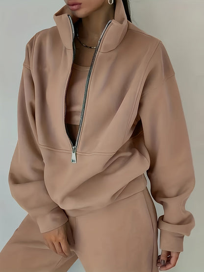 Solid Two-piece Set, Zip Front Sweatshirt & Elastic Waist Pants