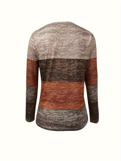 Color Block V-Neck T-Shirt, Casual Long Sleeve for Spring & Fall.