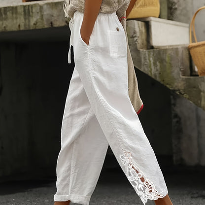 Chic Lace-Trimmed Elastic Waist Trousers - Breathable, Relaxed Fit for Spring & Summer - Womens Fashion Pants