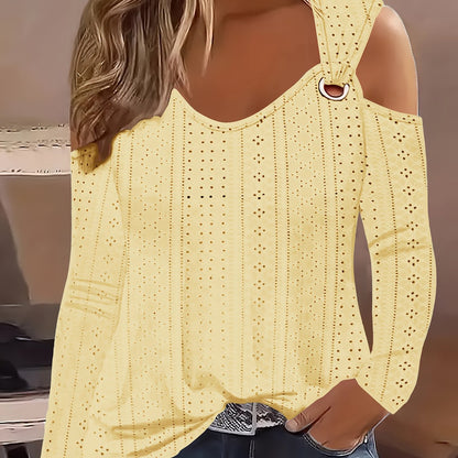 Camiseta com ombros descobertos e ilhós, blusa casual de manga comprida para primavera e outono.