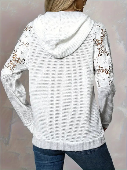 Women's Chic White Lace-Trimmed Hoodie – Casual Long Sleeve, Raglan Shoulders, Waffle Knit, Machine Washable