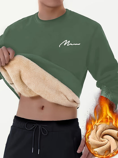 Men's Winter Fleece-Lined Sherpa Sweatshirt, Crew Neck, Casual Knit