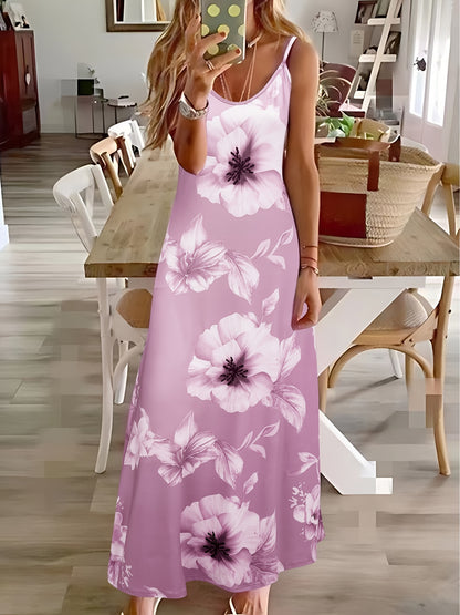 Vestido cami floral com alças finas, casual, comprimento até o tornozelo.
