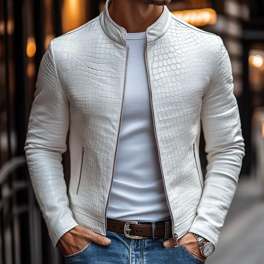 Ethan™ - Jaqueta de couro com zíper e gola alta com padrão de pedra elegante