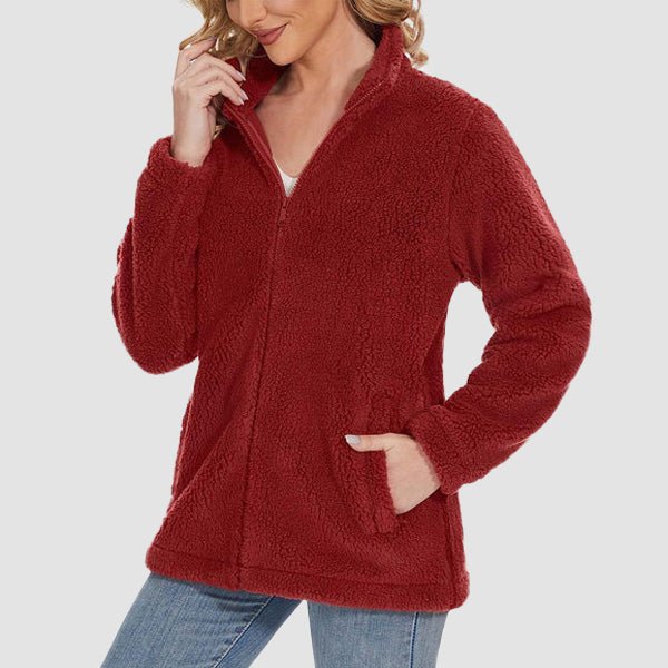 Women's Fuzzy Sherpa Jacket - Full-Zip Warm Fleece Teddy Coat with Zipper Pockets