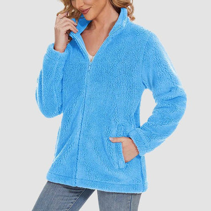 Women's Fuzzy Sherpa Jacket - Full-Zip Warm Fleece Teddy Coat with Zipper Pockets