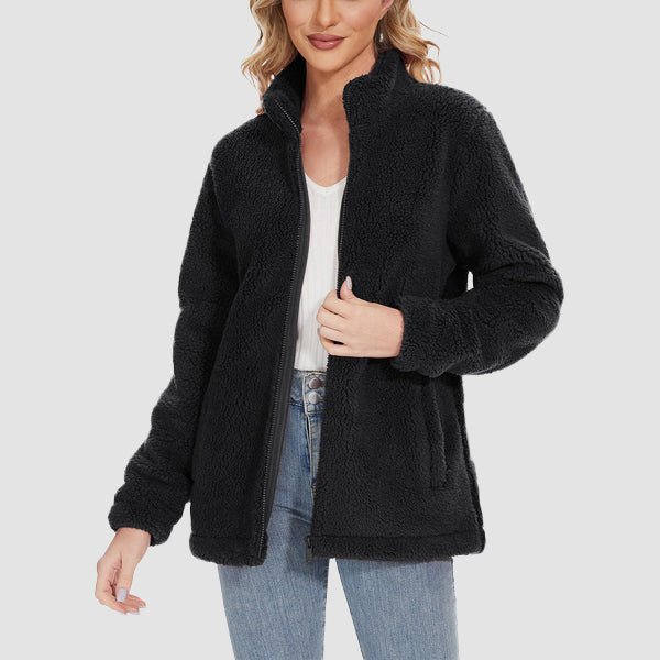Women's Fuzzy Sherpa Jacket - Full-Zip Warm Fleece Teddy Coat with Zipper Pockets