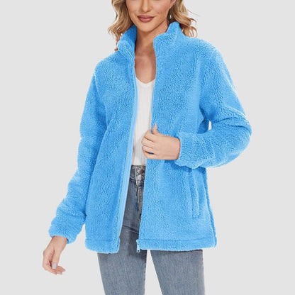 Women's Fuzzy Sherpa Jacket - Full-Zip Warm Fleece Teddy Coat with Zipper Pockets