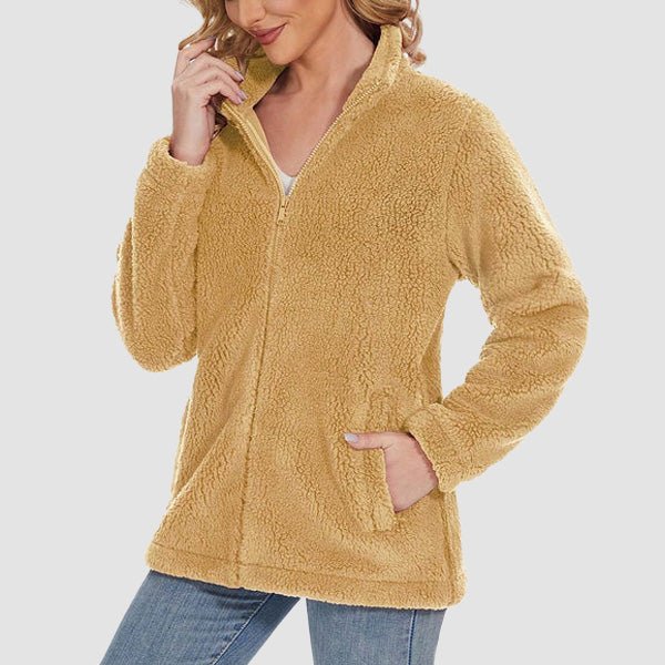 Women's Fuzzy Sherpa Jacket - Full-Zip Warm Fleece Teddy Coat with Zipper Pockets