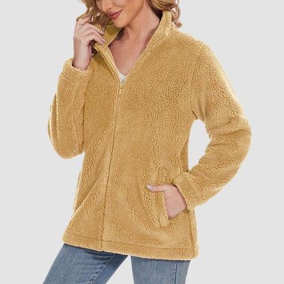 Women's Fuzzy Sherpa Jacket - Full-Zip Warm Fleece Teddy Coat with Zipper Pockets