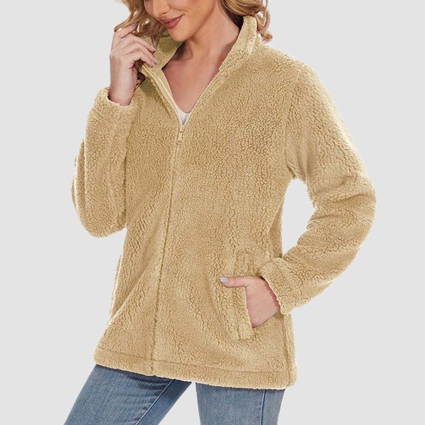 Women's Fuzzy Sherpa Jacket - Full-Zip Warm Fleece Teddy Coat with Zipper Pockets